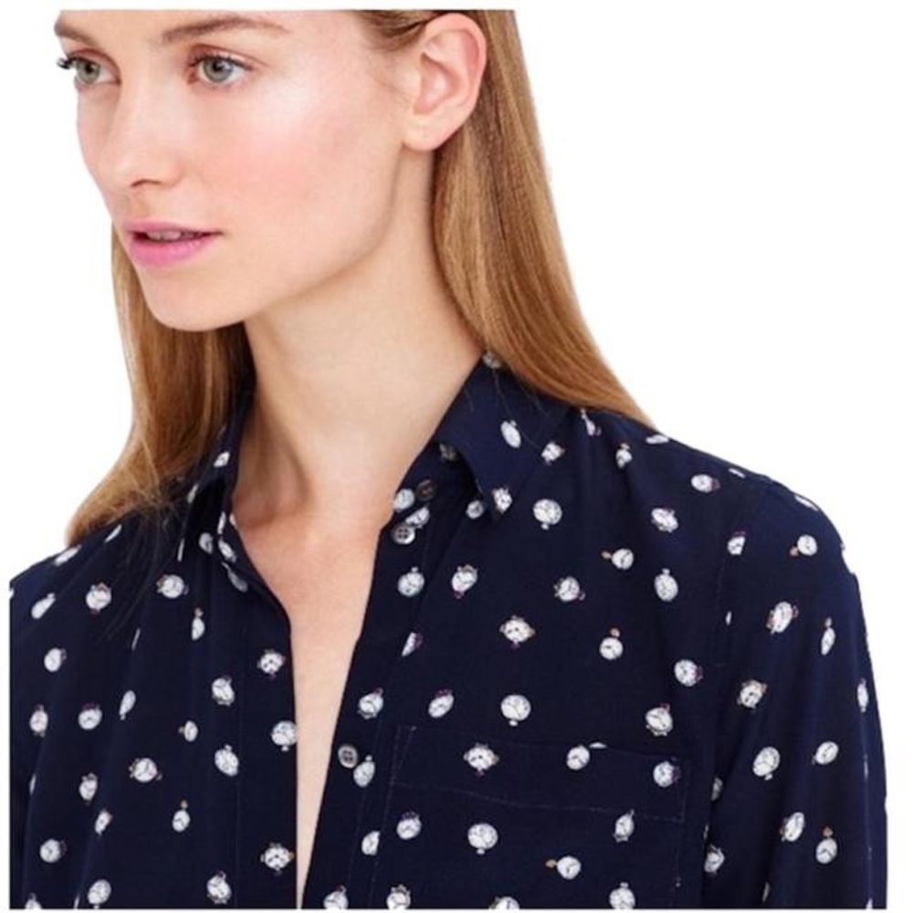 J CREW 100% Silk Clock Print Blouse